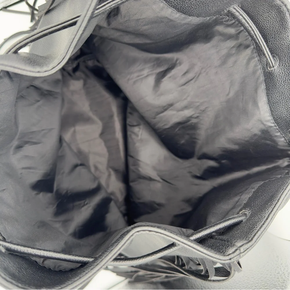 Victoria's Secret Black Faux Leather Shoulder Bucket Bag Fringe Backpack Tote